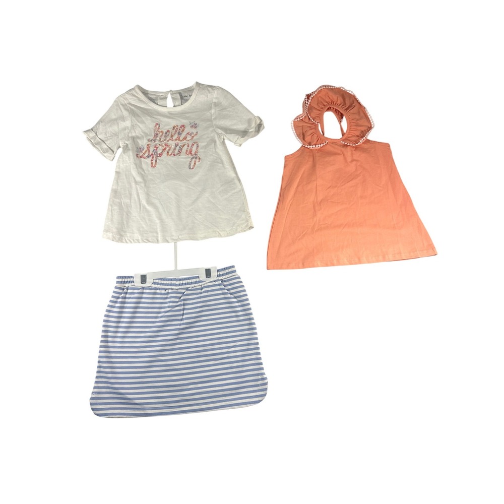 Cynthia Rowley Girls 3pc Outfit Set 5T Hello Spring Tee Striped Skirt Coral Top